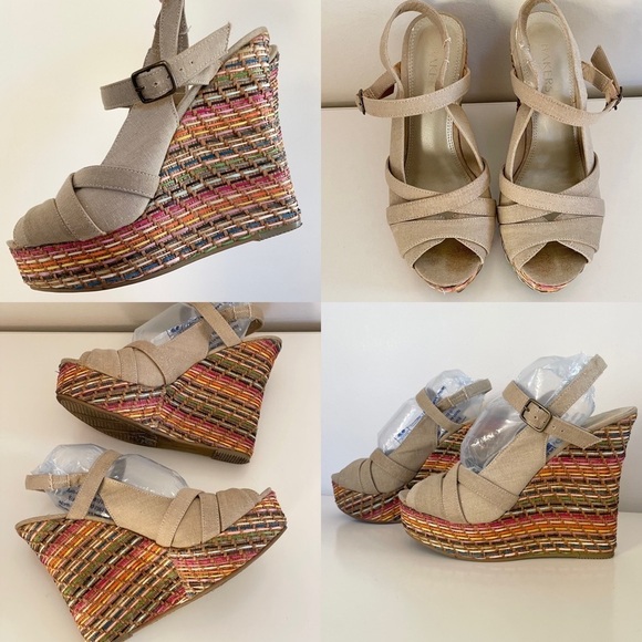 Bakers Tan Peep Toe Buckle Rainbow Basket Weave Style Wedges Women’s 7.5 Slim - Picture 12 of 16